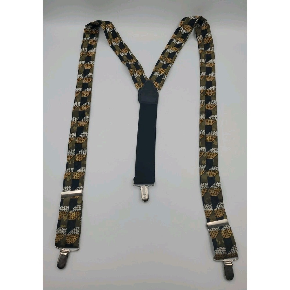 Vintage Pelican USA Silk Elastic Suspenders Abstract Funky Silver Clips Y Back‎